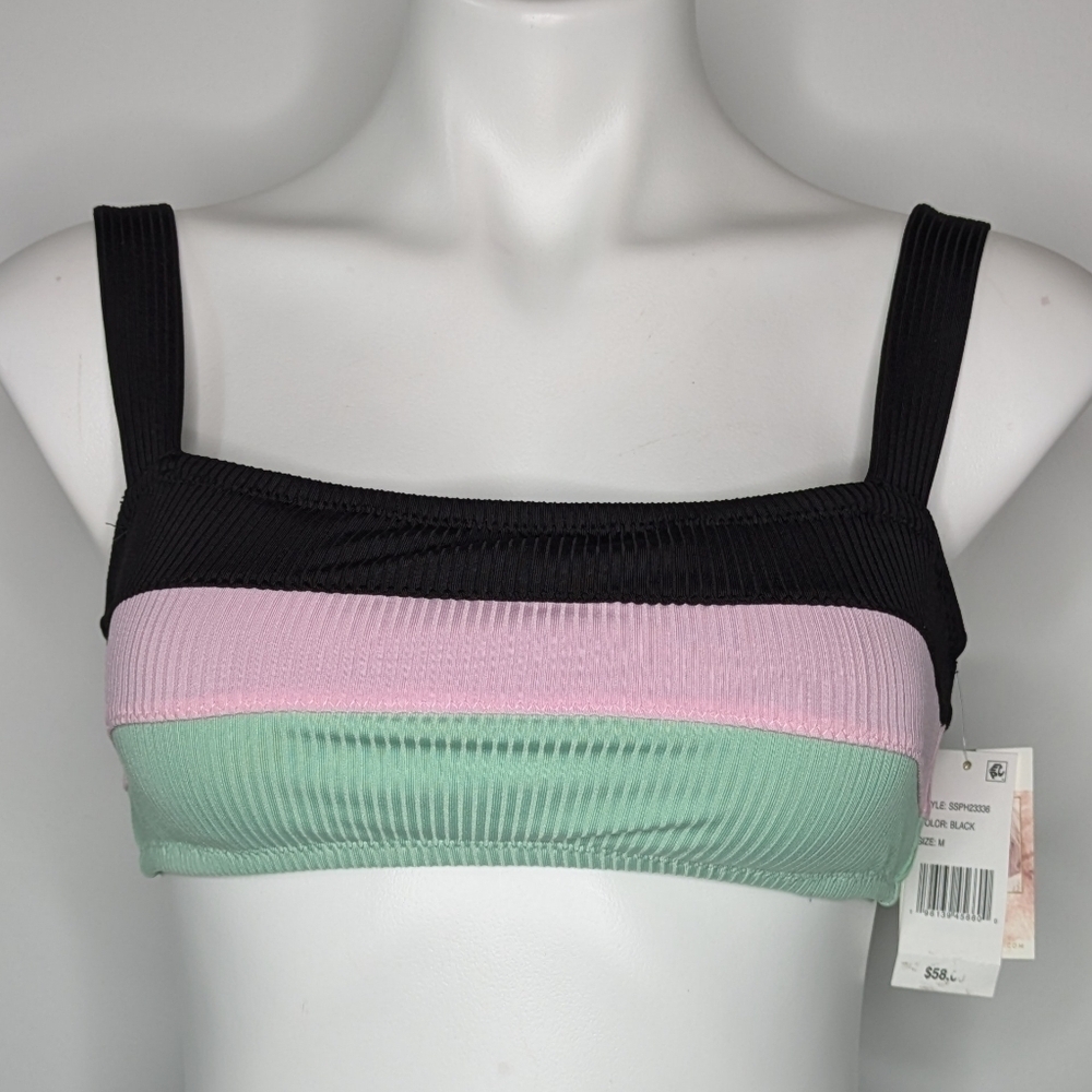 NWT Jessica Simpson black pink green ribbed square neck bikini top M
